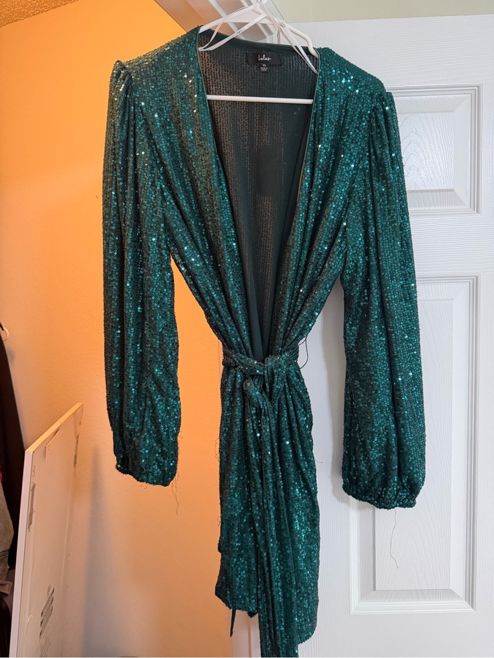 Lulu's Teal Sequin Long Sleeve Wrap Dress